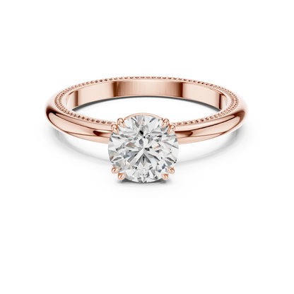 Round Lab Grown Diamond Solitaire Ring | Beaded Milgrain Texture Band | Solid Gold