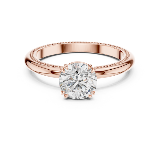 Round Lab Grown Diamond Solitaire Ring | Beaded Milgrain Texture Band | Solid Gold