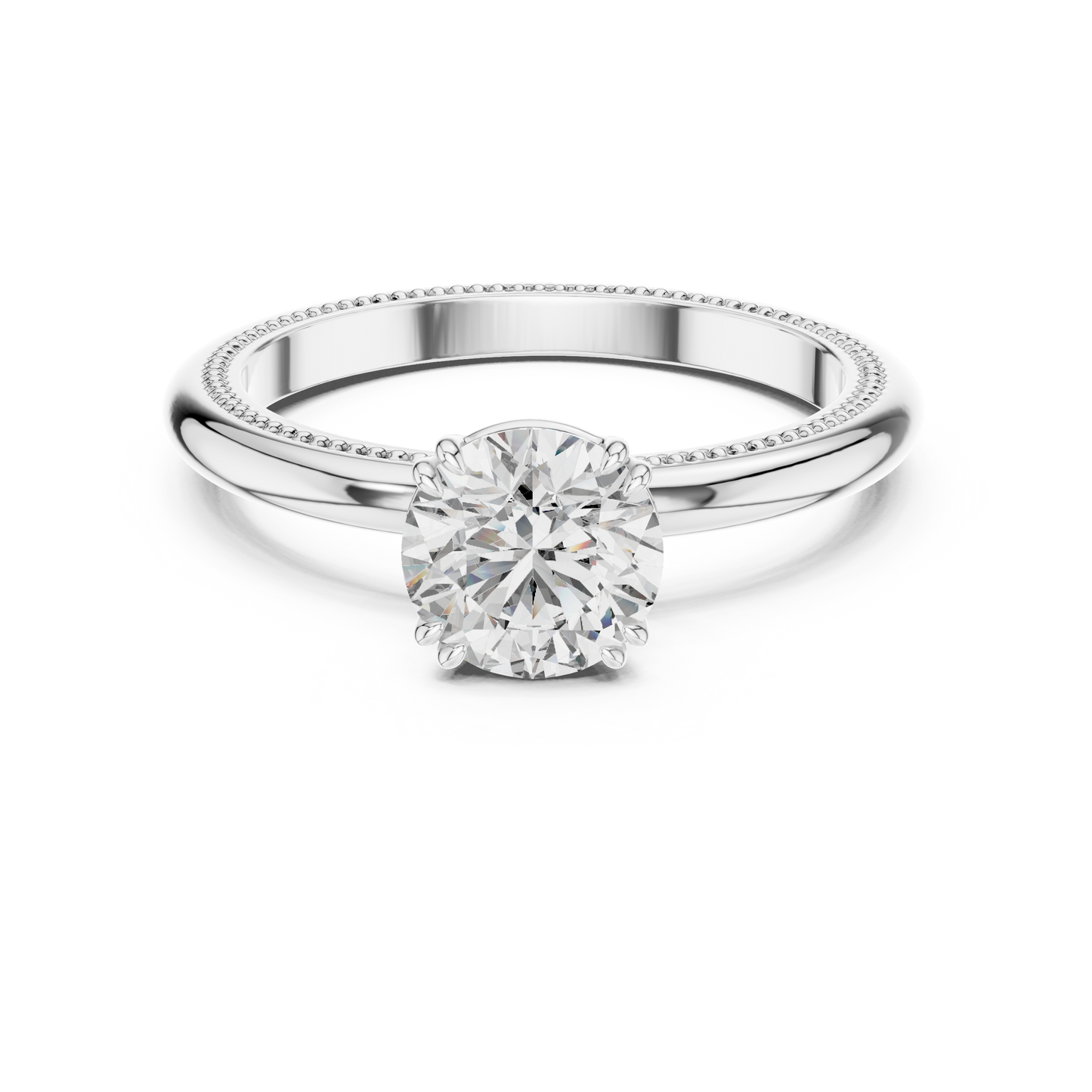 Round Lab Grown Diamond Solitaire Ring | Beaded Milgrain Texture Band | Solid Gold
