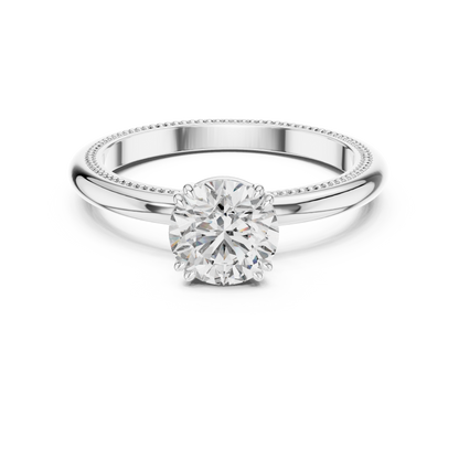 Round Lab Grown Diamond Solitaire Ring | Beaded Milgrain Texture Band | Solid Gold