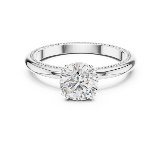 Round Lab Grown Diamond Solitaire Ring | Beaded Milgrain Texture Band | Solid Gold