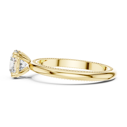 Round Lab Grown Diamond Solitaire Ring | Beaded Milgrain Texture Band | Solid Gold