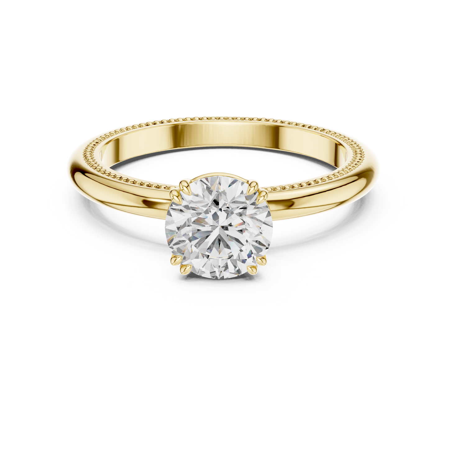 Round Lab Grown Diamond Solitaire Ring | Beaded Milgrain Texture Band | Solid Gold