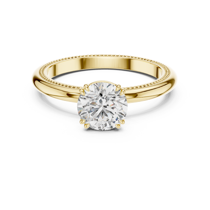 Round Lab Grown Diamond Solitaire Ring | Beaded Milgrain Texture Band | Solid Gold