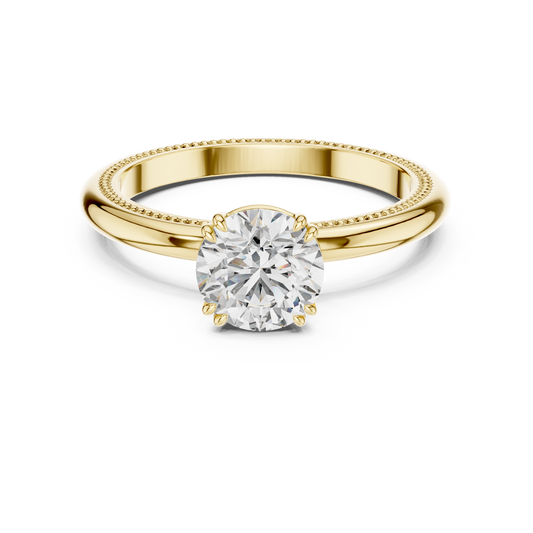 Round Lab Grown Diamond Solitaire Ring | Beaded Milgrain Texture Band | Solid Gold