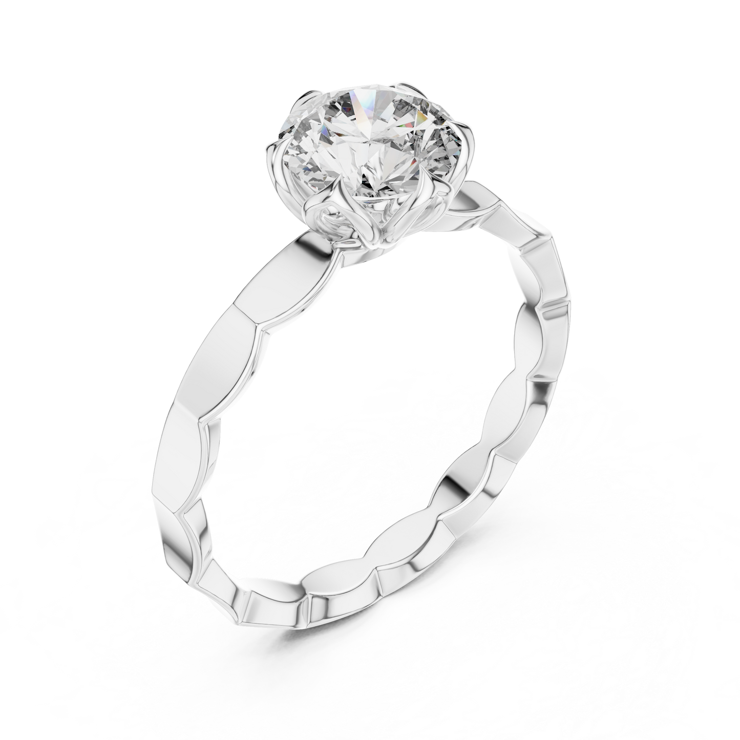 Round Lab Grown Diamond Solitaire Ring | Sculptural Scalloped Band | Solid Gold