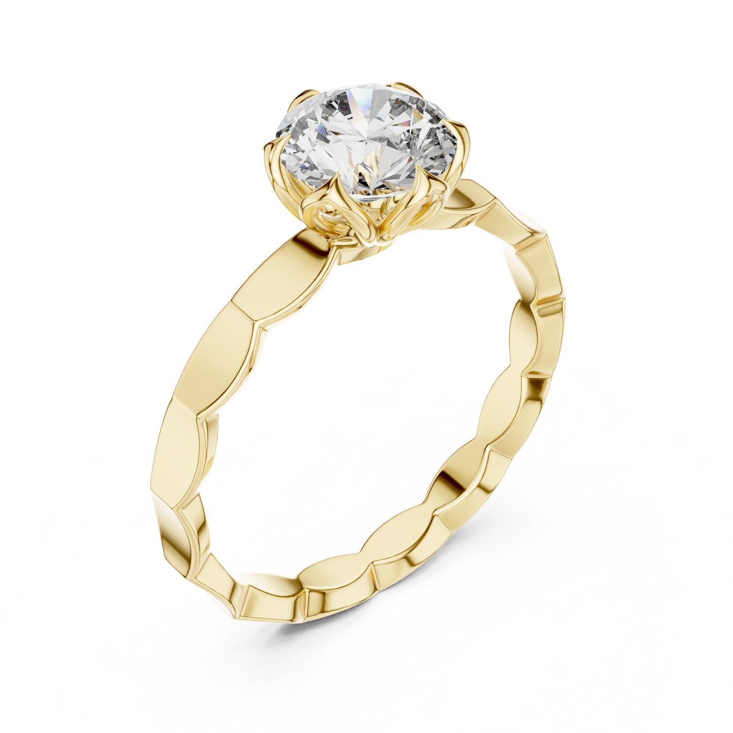 Round Lab Grown Diamond Solitaire Ring | Sculptural Scalloped Band | Solid Gold