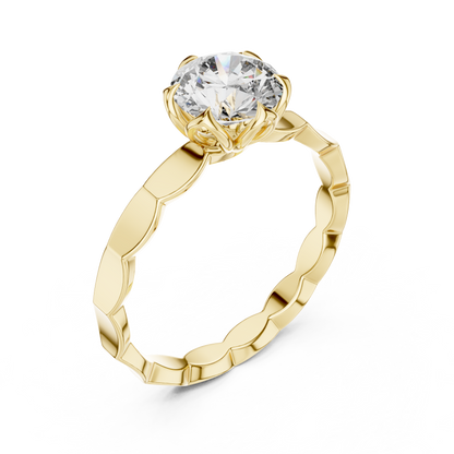 Round Lab Grown Diamond Solitaire Ring | Sculptural Scalloped Band | Solid Gold