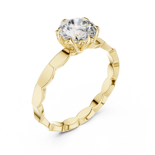 Round Lab Grown Diamond Solitaire Ring | Sculptural Scalloped Band | Solid Gold