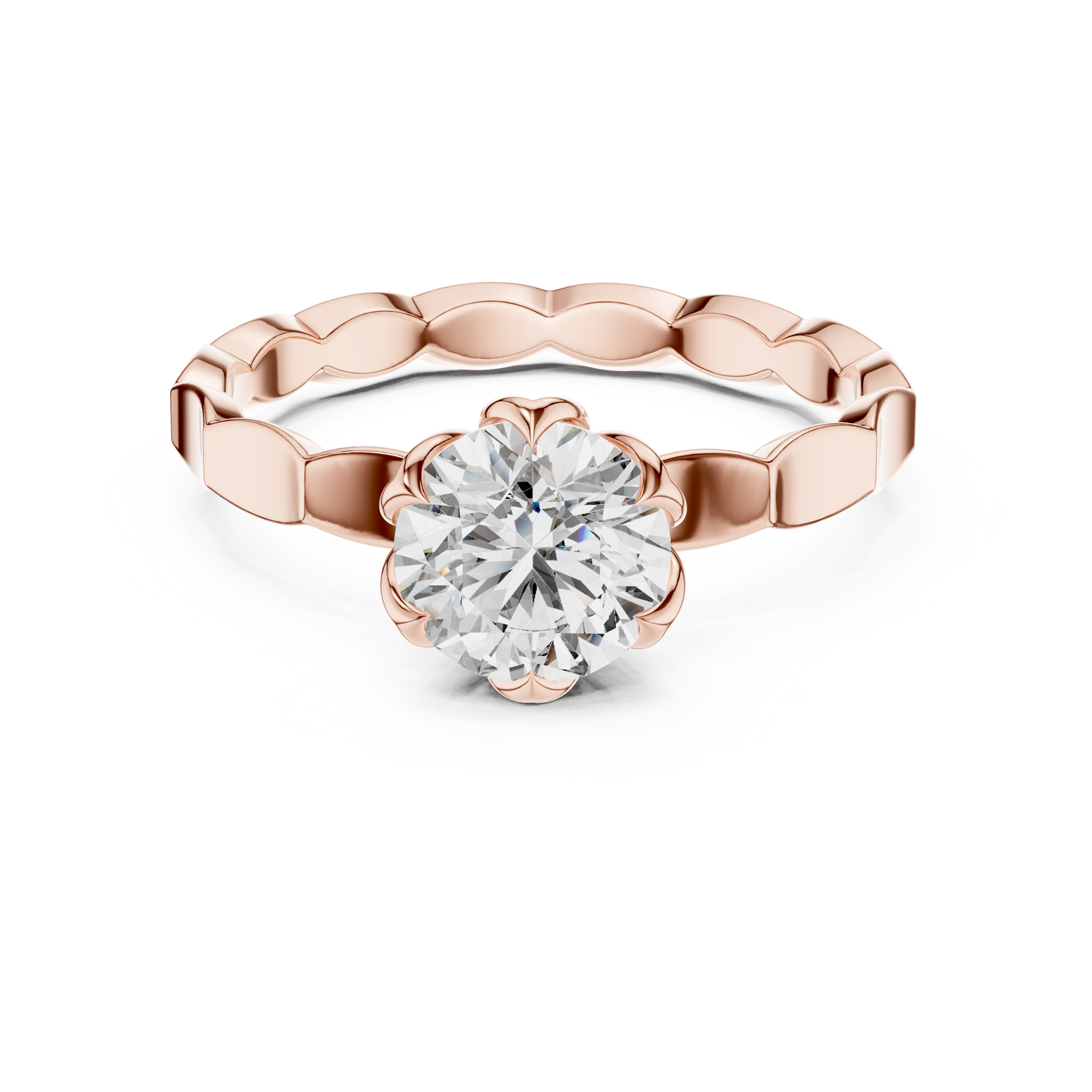 Round Lab Grown Diamond Solitaire Ring | Sculptural Scalloped Band | Solid Gold