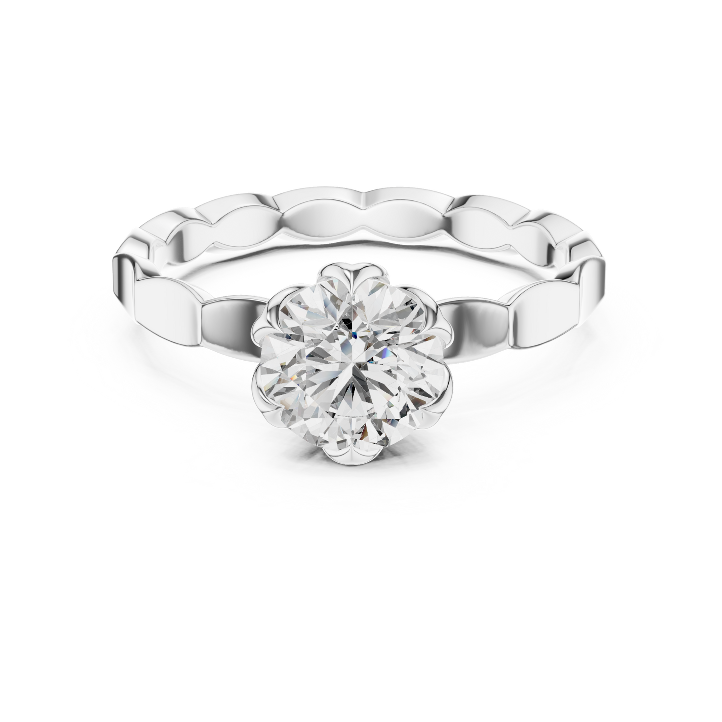 Round Lab Grown Diamond Solitaire Ring | Sculptural Scalloped Band | Solid Gold