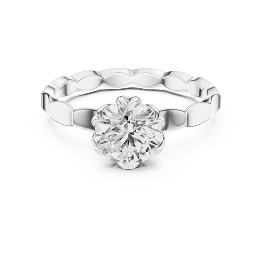 Round Lab Grown Diamond Solitaire Ring | Sculptural Scalloped Band | Solid Gold