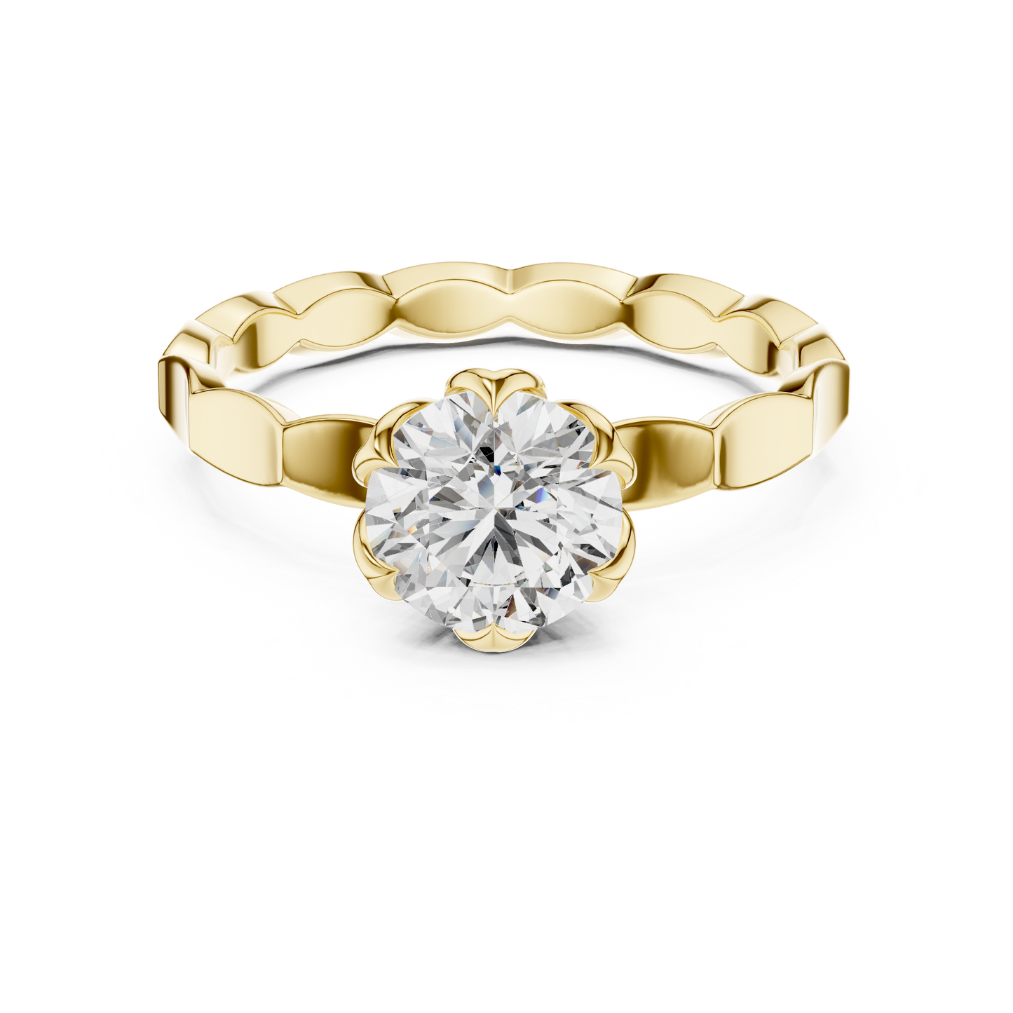 Round Lab Grown Diamond Solitaire Ring | Sculptural Scalloped Band | Solid Gold