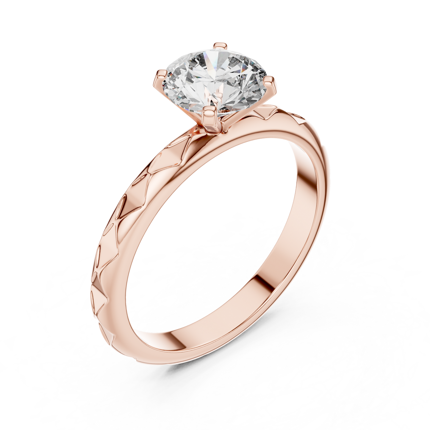 Round Lab Grown Diamond Solitaire Ring | Geometric Faceted Band | Solid Gold