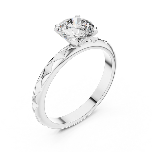 Round Lab Grown Diamond Solitaire Ring | Geometric Faceted Band | Solid Gold