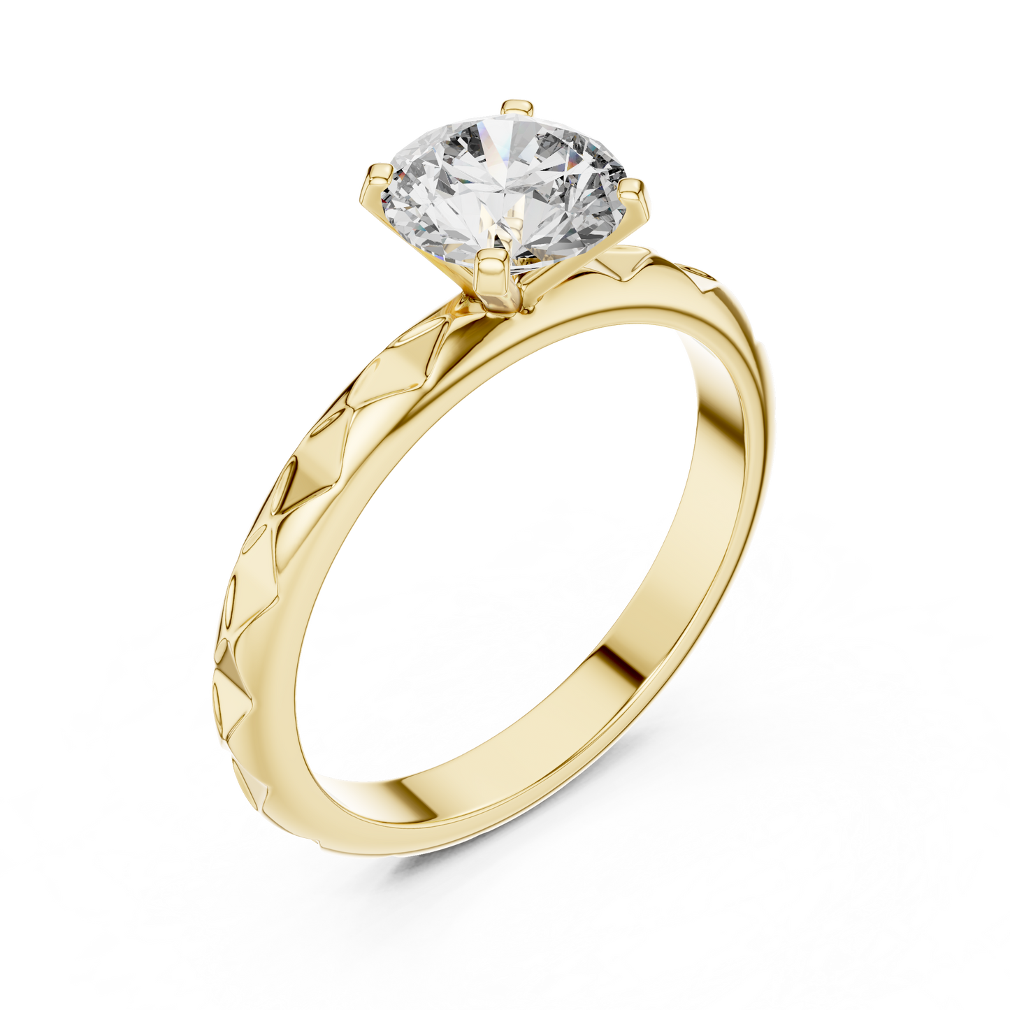 Round Lab Grown Diamond Solitaire Ring | Geometric Faceted Band | Solid Gold