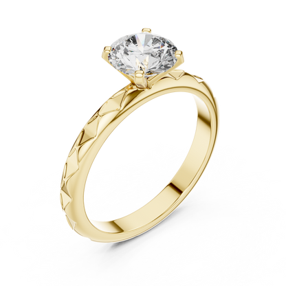Round Lab Grown Diamond Solitaire Ring | Geometric Faceted Band | Solid Gold