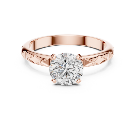 Round Lab Grown Diamond Solitaire Ring | Geometric Faceted Band | Solid Gold