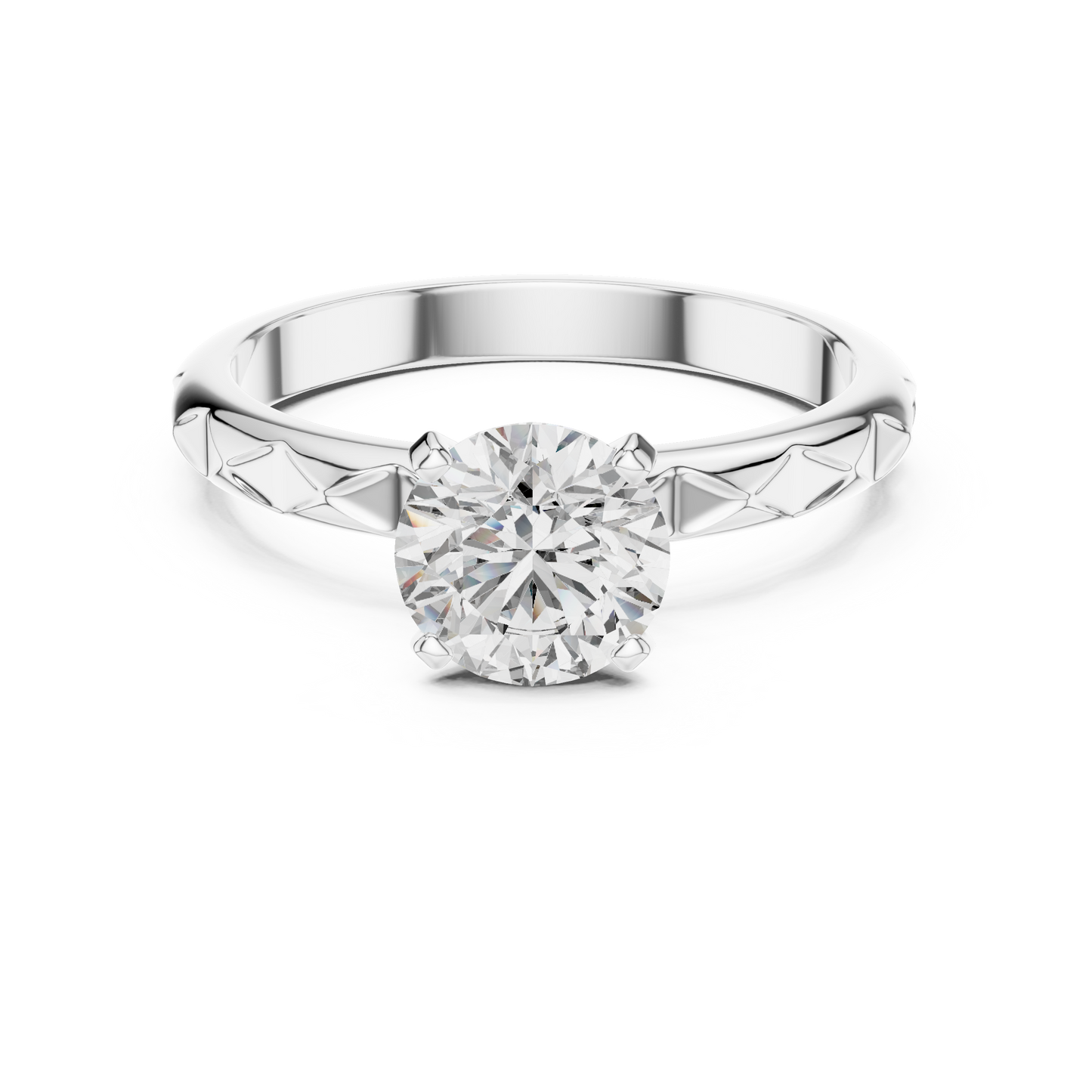 Round Lab Grown Diamond Solitaire Ring | Geometric Faceted Band | Solid Gold