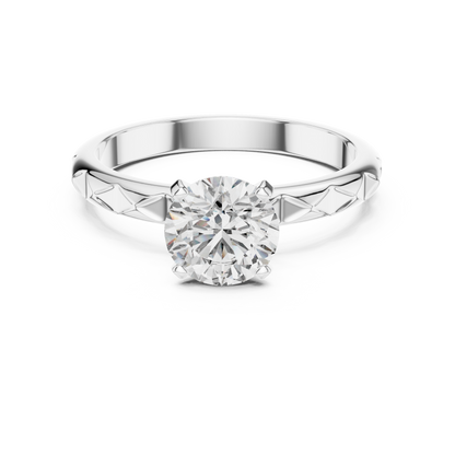 Round Lab Grown Diamond Solitaire Ring | Geometric Faceted Band | Solid Gold