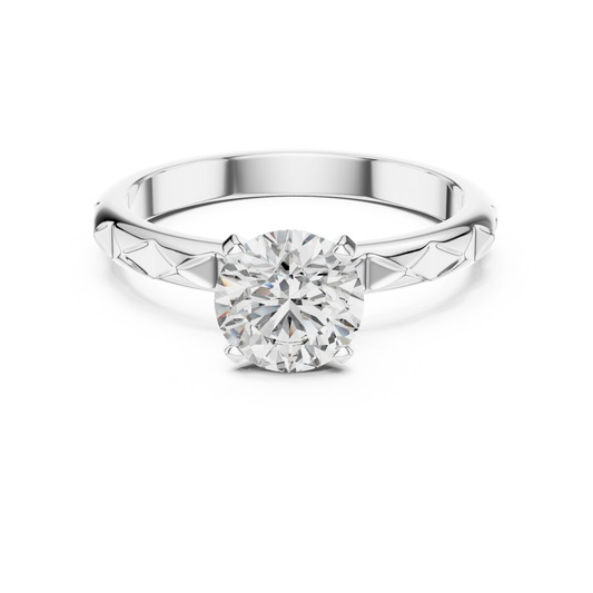Round Lab Grown Diamond Solitaire Ring | Geometric Faceted Band | Solid Gold