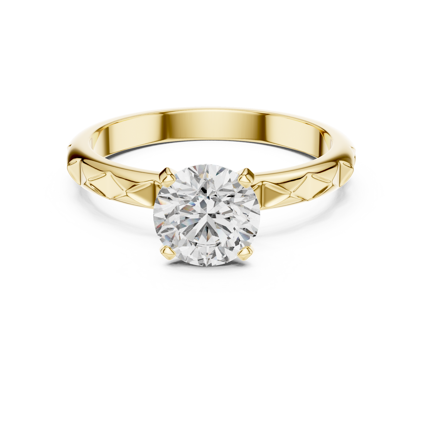 Round Lab Grown Diamond Solitaire Ring | Geometric Faceted Band | Solid Gold