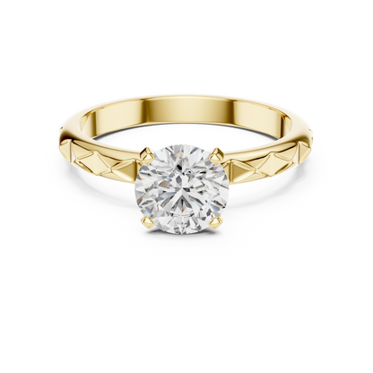 Round Lab Grown Diamond Solitaire Ring | Geometric Faceted Band | Solid Gold