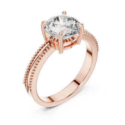 Round Lab Grown Diamond Solitaire Ring | Beaded Milgrain Band | Solid Gold