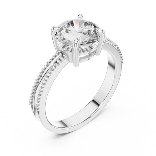Round Lab Grown Diamond Solitaire Ring | Beaded Milgrain Band | Solid Gold
