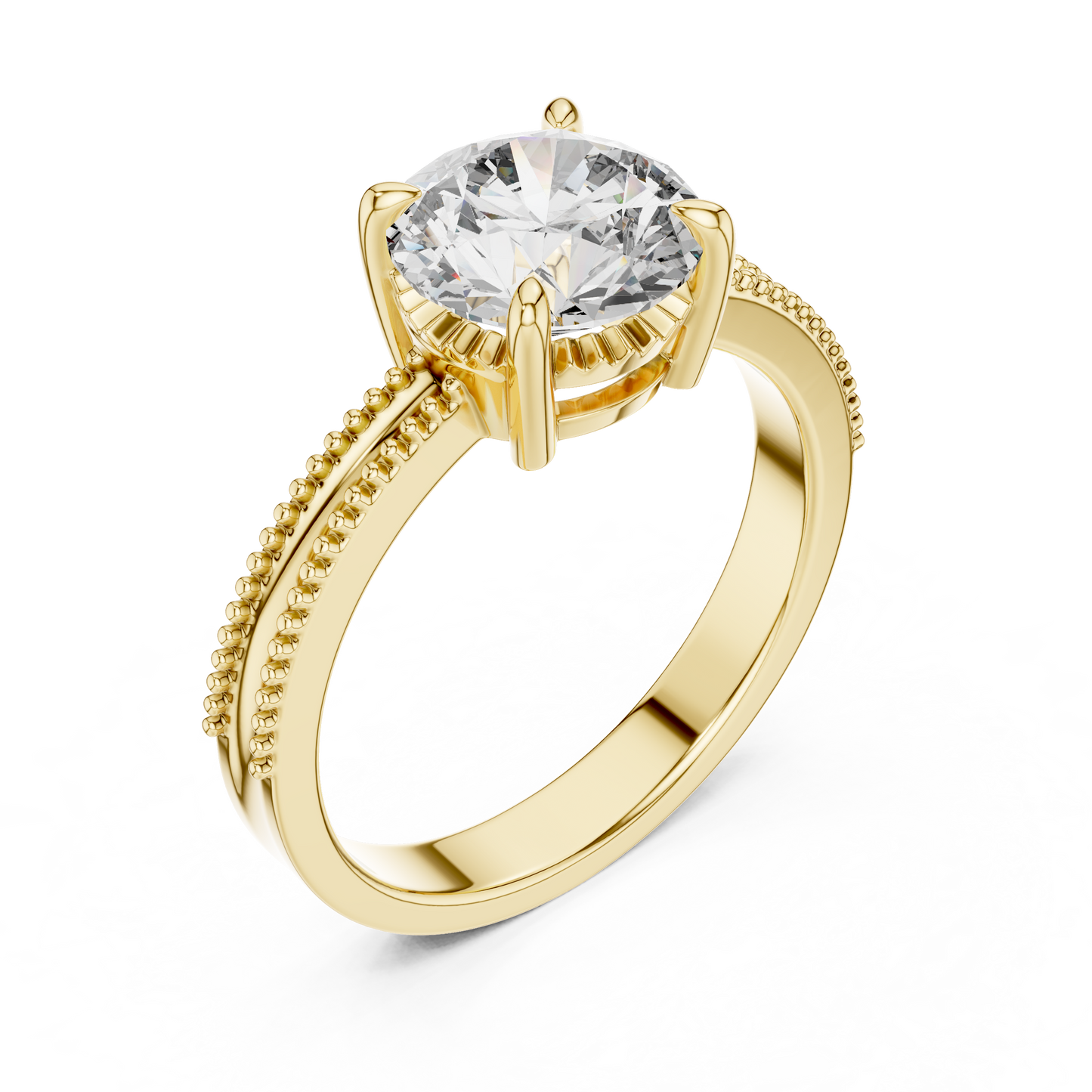 Round Lab Grown Diamond Solitaire Ring | Beaded Milgrain Band | Solid Gold