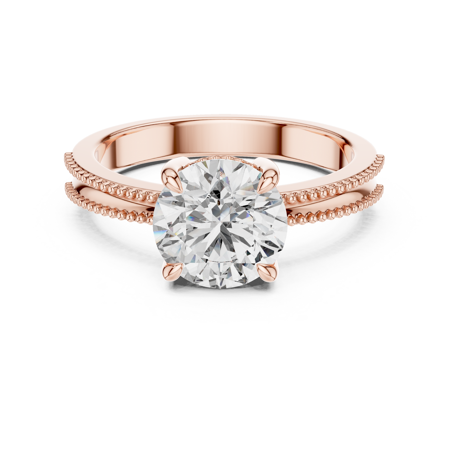 Round Lab Grown Diamond Solitaire Ring | Beaded Milgrain Band | Solid Gold
