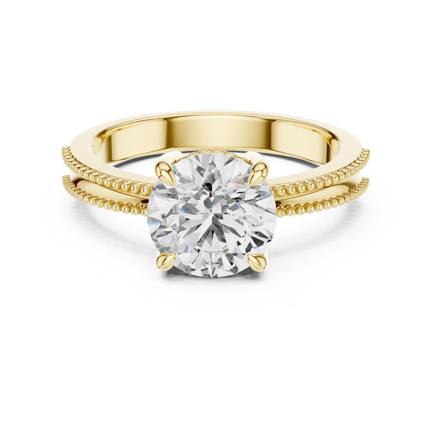 Round Lab Grown Diamond Solitaire Ring | Beaded Milgrain Band | Solid Gold