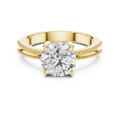 Round Lab Grown Diamond Solitaire Ring | Beaded Milgrain Band | Solid Gold