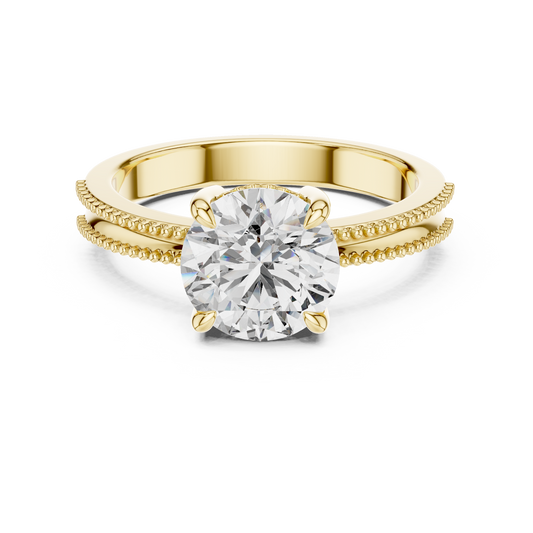 Round Lab Grown Diamond Solitaire Ring | Beaded Milgrain Band | Solid Gold
