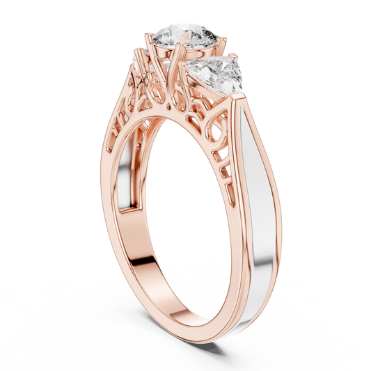 Round and Trillion Lab Grown Diamond Three-Stone Ring | Architectural Cathedral Band | Solid Gold