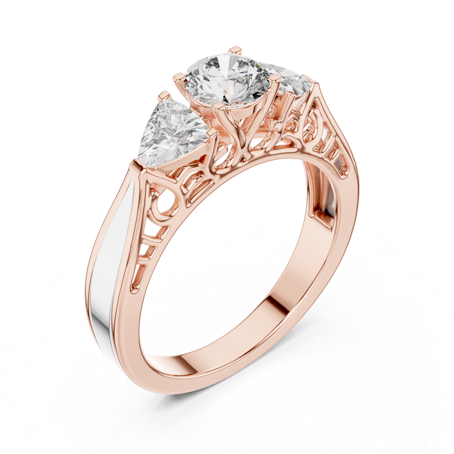 Round and Trillion Lab Grown Diamond Three-Stone Ring | Architectural Cathedral Band | Solid Gold