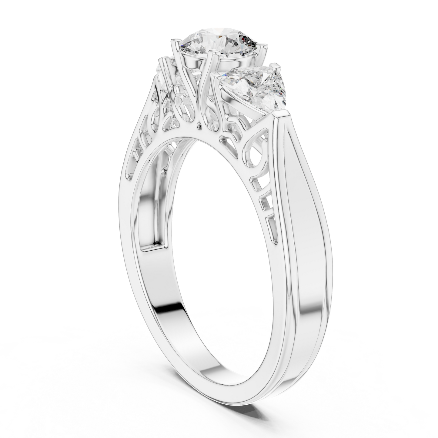 Round and Trillion Lab Grown Diamond Three-Stone Ring | Architectural Cathedral Band | Solid Gold