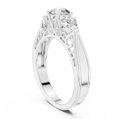 Round and Trillion Lab Grown Diamond Three-Stone Ring | Architectural Cathedral Band | Solid Gold