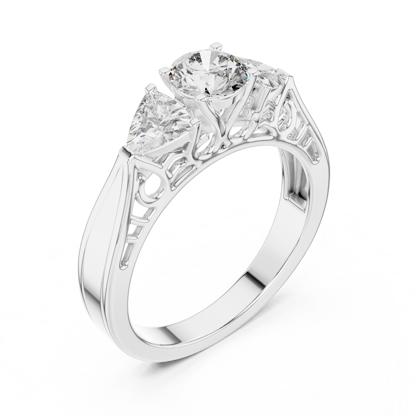 Round and Trillion Lab Grown Diamond Three-Stone Ring | Architectural Cathedral Band | Solid Gold