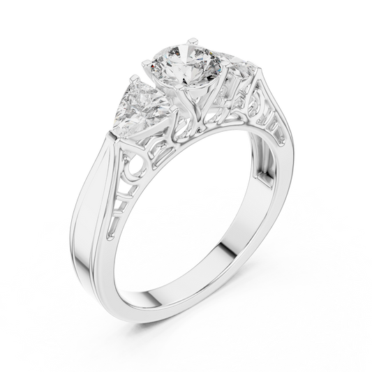 Round and Trillion Lab Grown Diamond Three-Stone Ring | Architectural Cathedral Band | Solid Gold