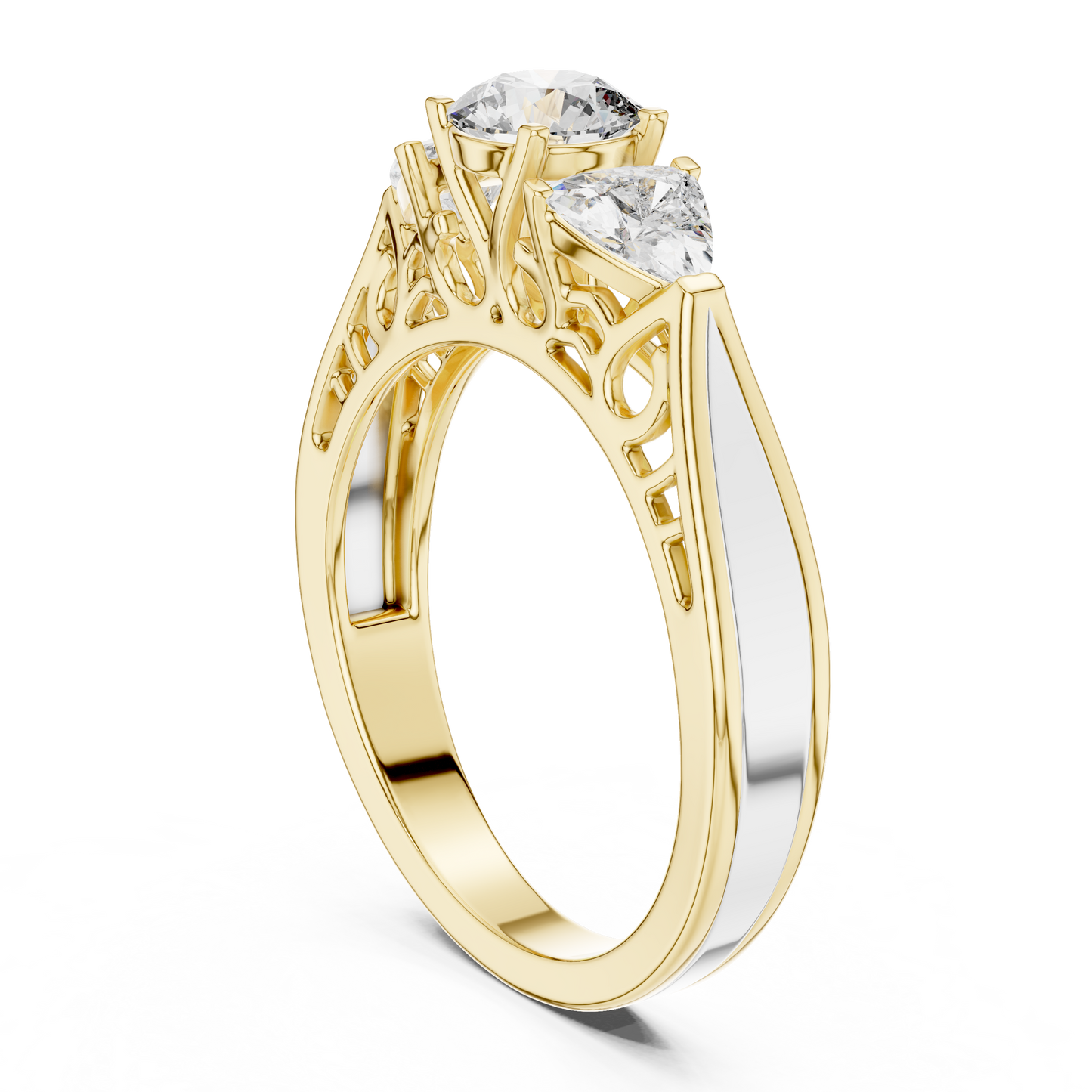 Round and Trillion Lab Grown Diamond Three-Stone Ring | Architectural Cathedral Band | Solid Gold