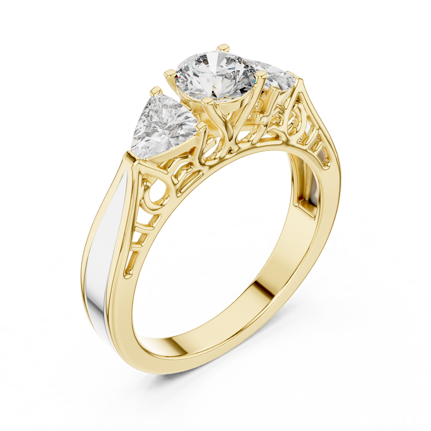 Round and Trillion Lab Grown Diamond Three-Stone Ring | Architectural Cathedral Band | Solid Gold