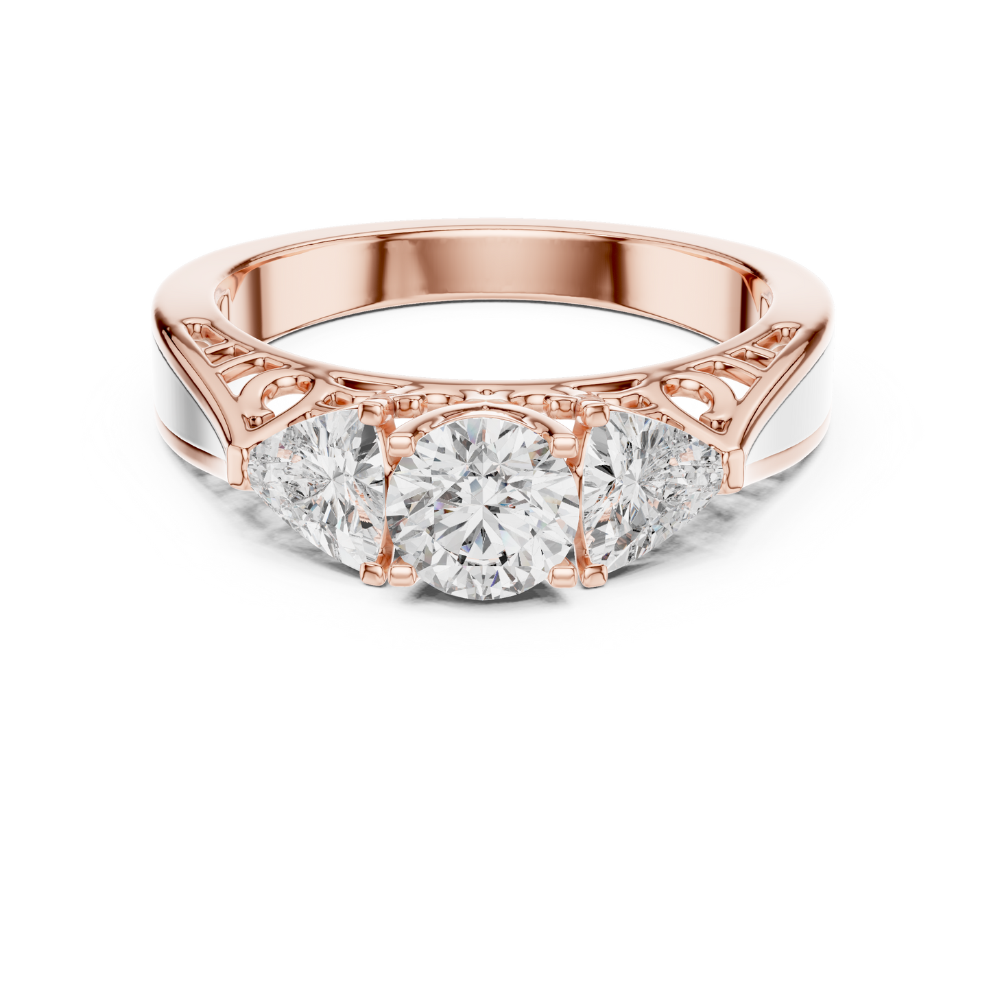 Round and Trillion Lab Grown Diamond Three-Stone Ring | Architectural Cathedral Band | Solid Gold