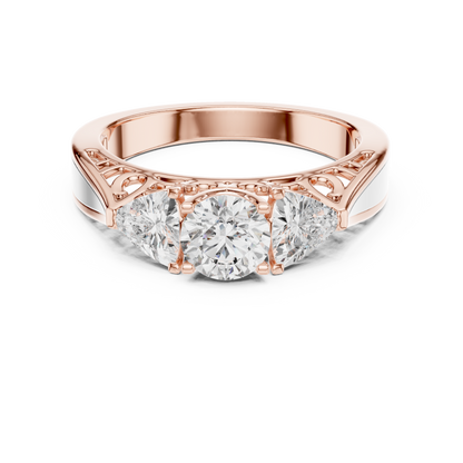 Round and Trillion Lab Grown Diamond Three-Stone Ring | Architectural Cathedral Band | Solid Gold