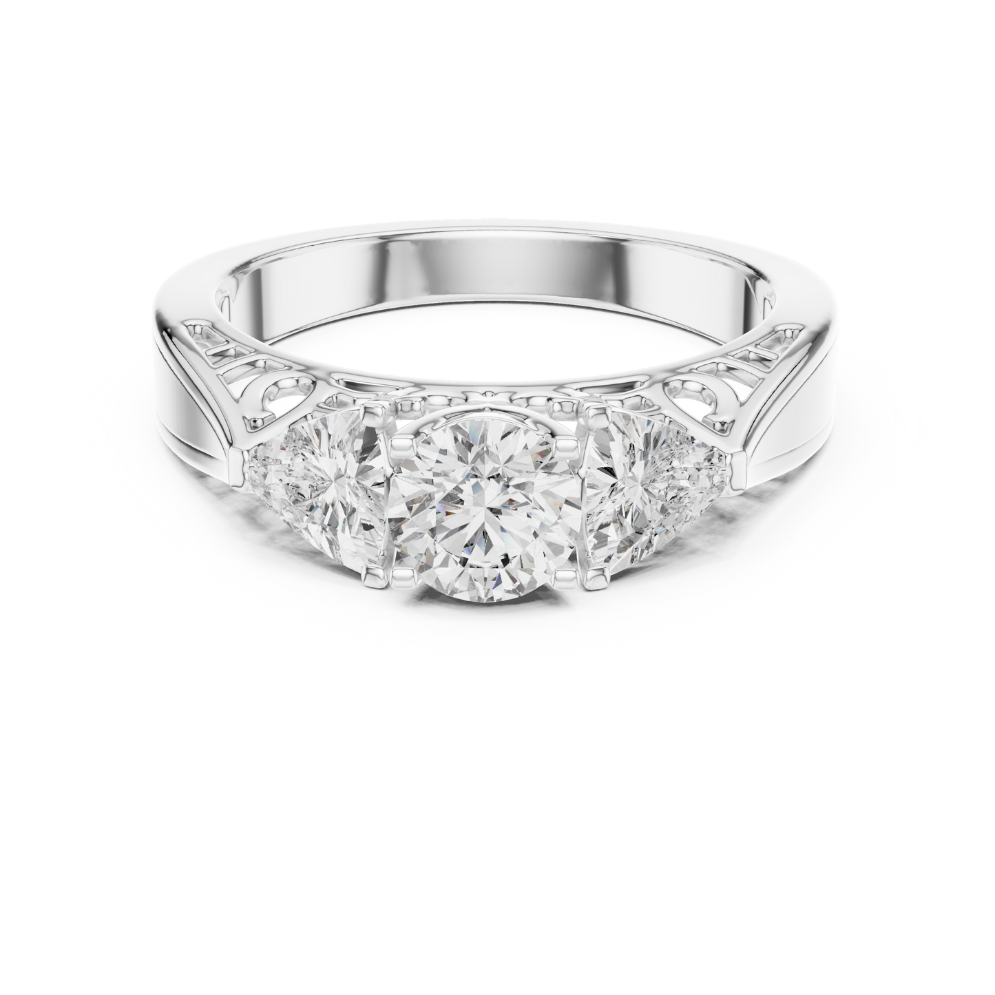 Round and Trillion Lab Grown Diamond Three-Stone Ring | Architectural Cathedral Band | Solid Gold