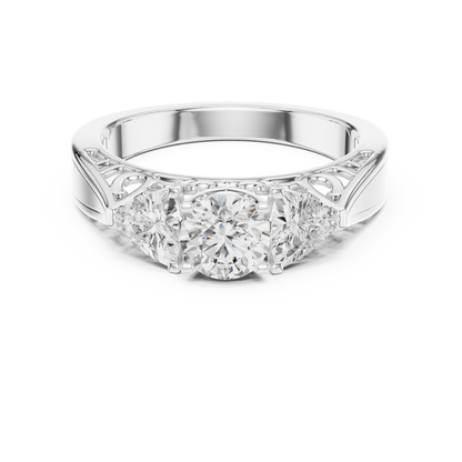 Round and Trillion Lab Grown Diamond Three-Stone Ring | Architectural Cathedral Band | Solid Gold