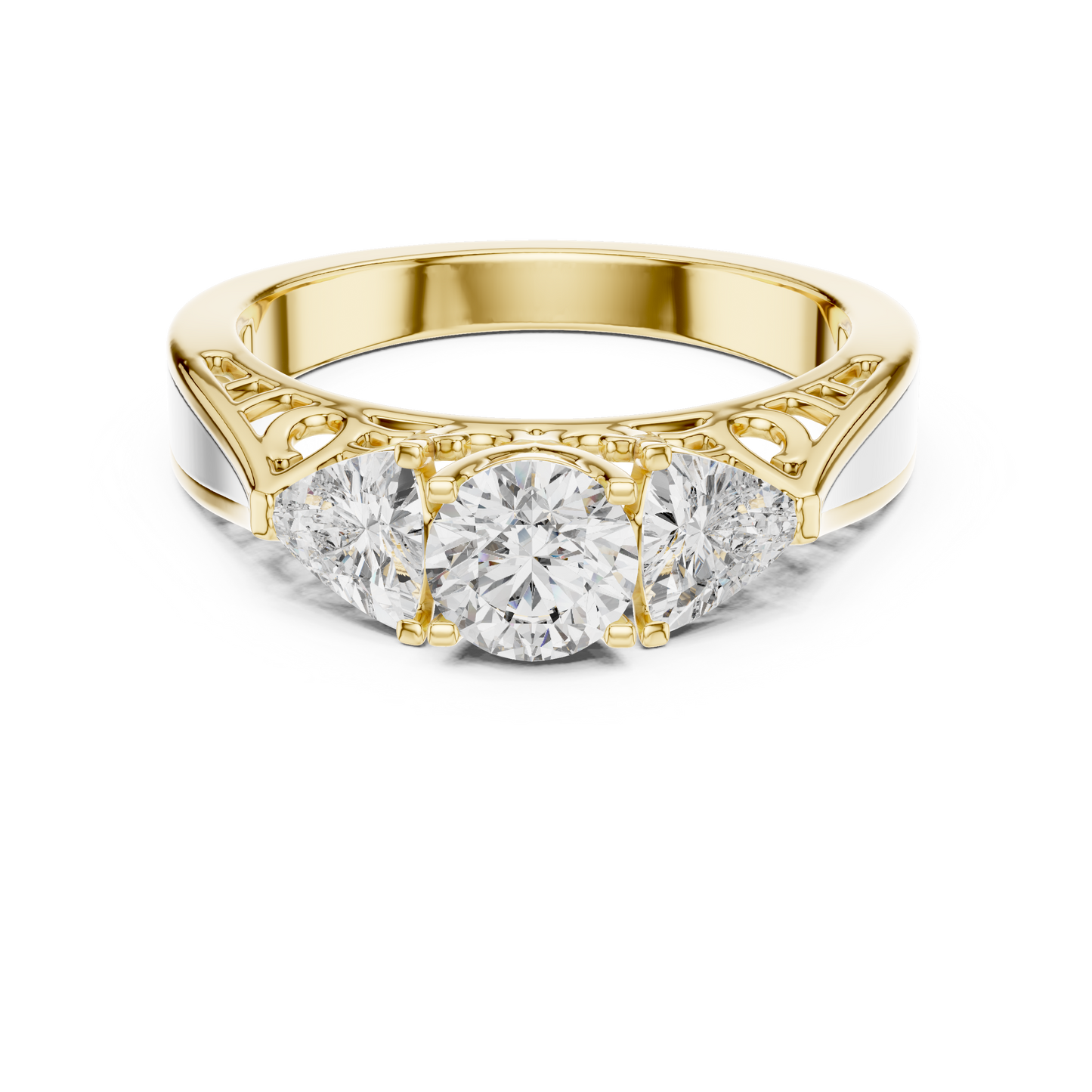Round and Trillion Lab Grown Diamond Three-Stone Ring | Architectural Cathedral Band | Solid Gold
