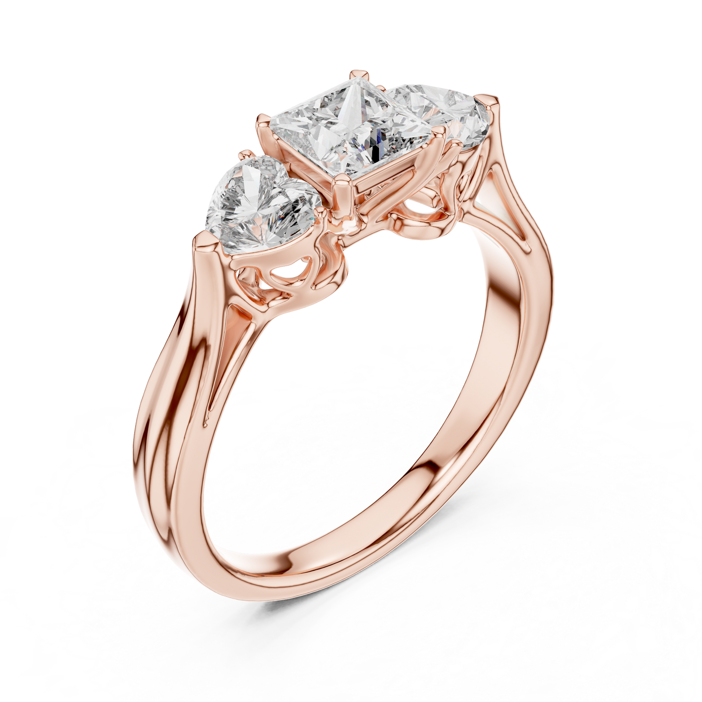 Princess Cut and Heart Diamond Three-Stone Ring | Romantic Cathedral Setting | Solid Gold
