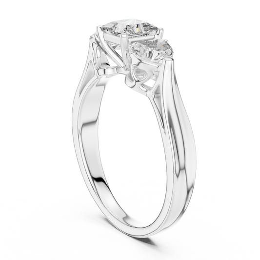 Princess Cut and Heart Diamond Three-Stone Ring | Romantic Cathedral Setting | Solid Gold