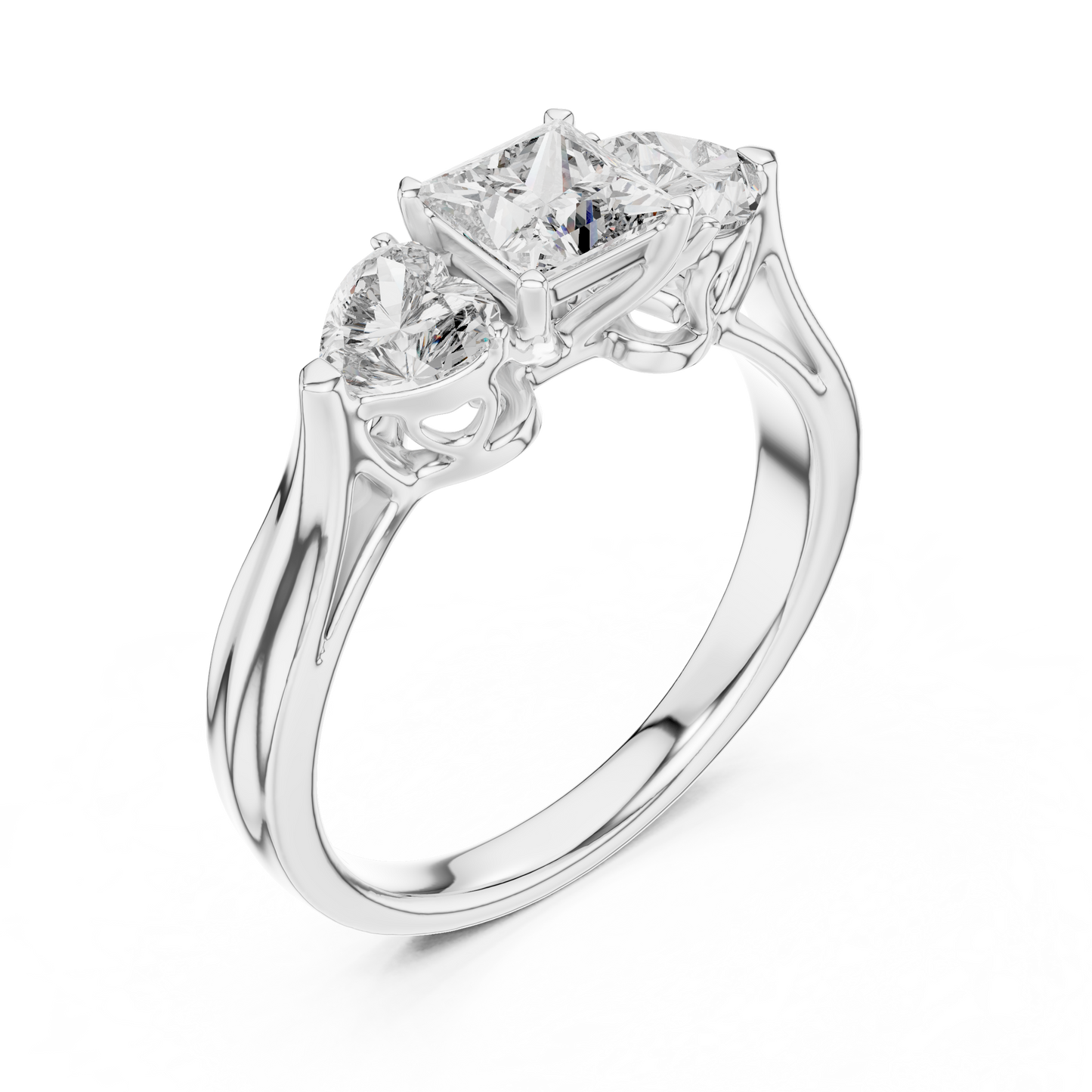 Princess Cut and Heart Diamond Three-Stone Ring | Romantic Cathedral Setting | Solid Gold